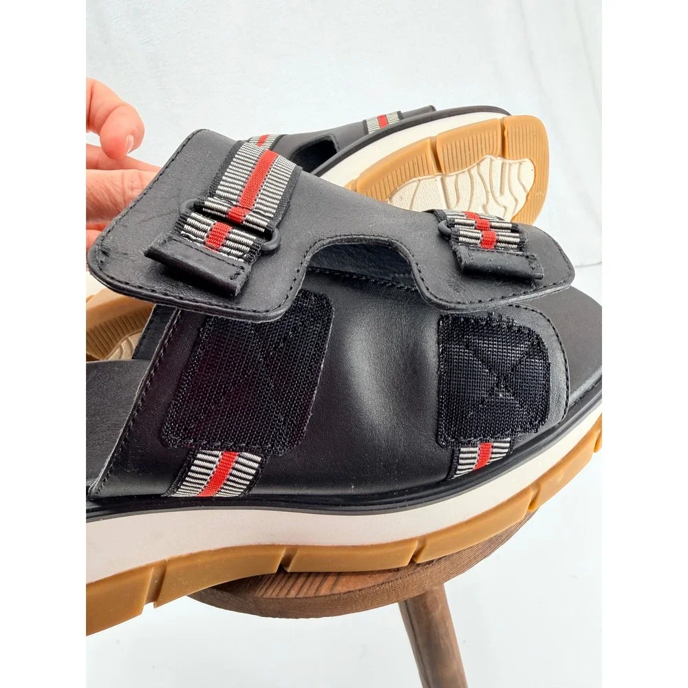 NWOB Sorel Joanie III Slide Sandals Black Red‎ 12 Wedge Heel Chunky Open Toe